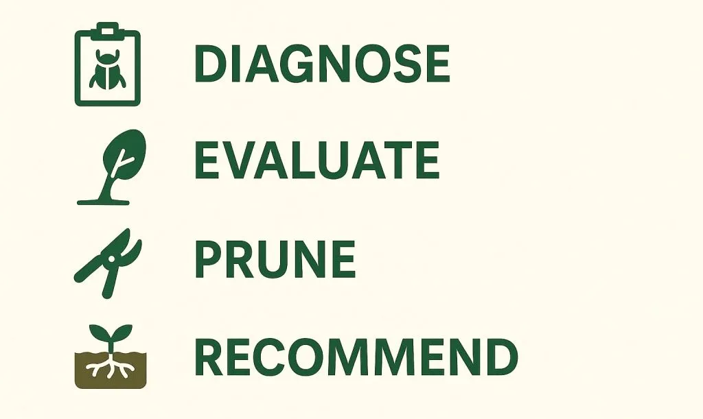 Infographic showing four key responsibilities of an arborist: Diagnose (with a pest icon), Evaluate (with a leaning tree icon), Prune (with pruning shears icon), and Recommend (with a seedling and root icon), all arranged vertically with simple green illustrations on a light beige background.