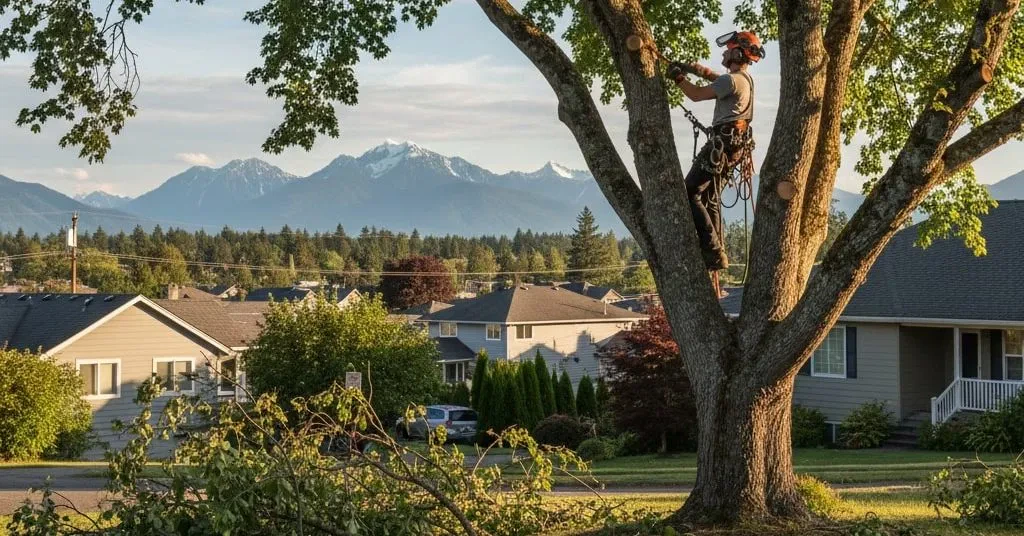 Certified arborist demonstrating proper pruning technique on a tree in Bellingham, WA.