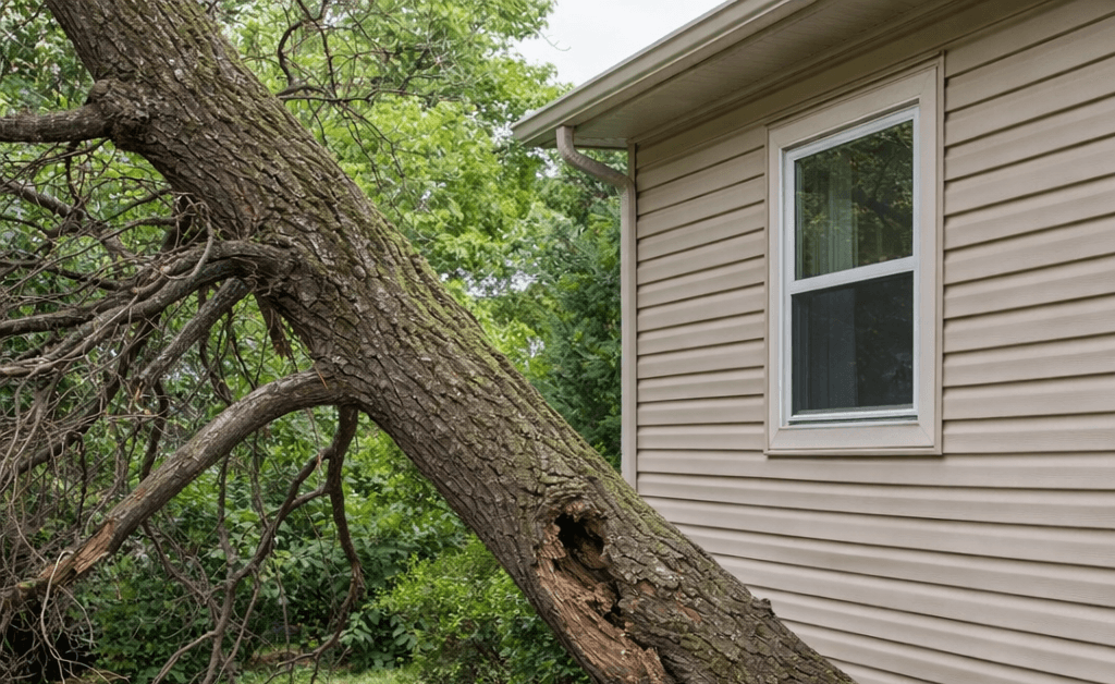 Signs a tree needs removal, including a leaning trunk, dead branches, and root damage near a home