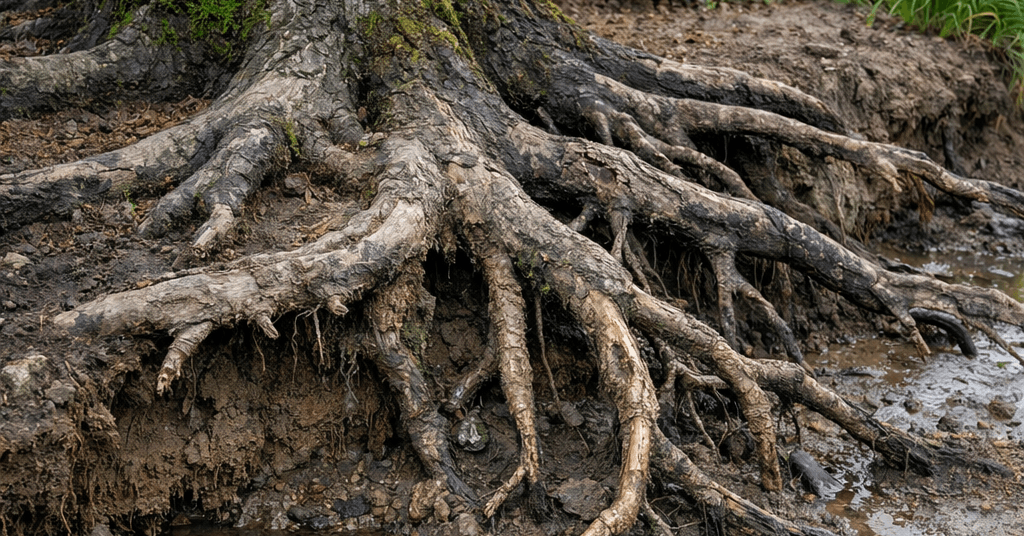 Tree roots are exposed due to poor soil and drainage conditions in Burlington, Washington