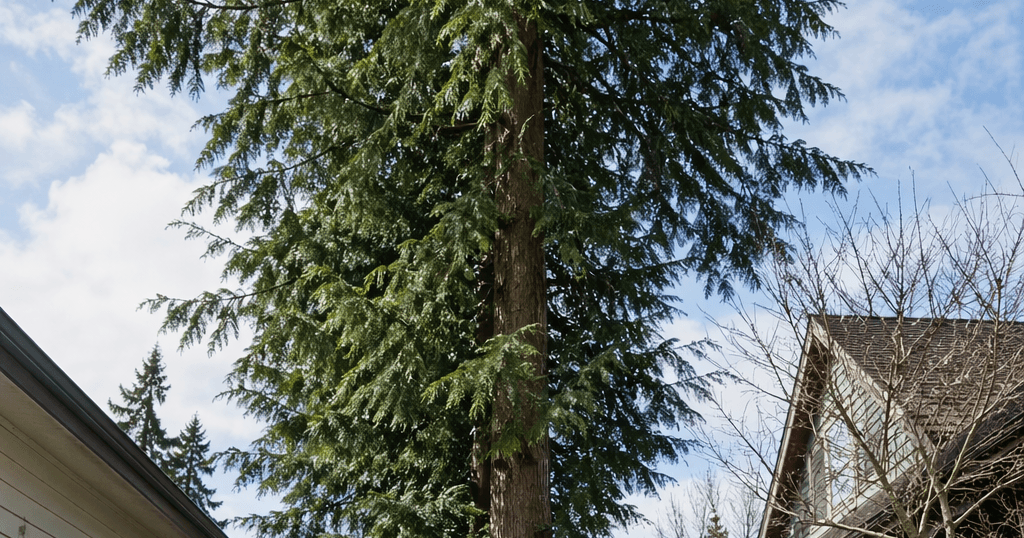 A tall cedar tree growing directly along a residential property line in Bellingham.