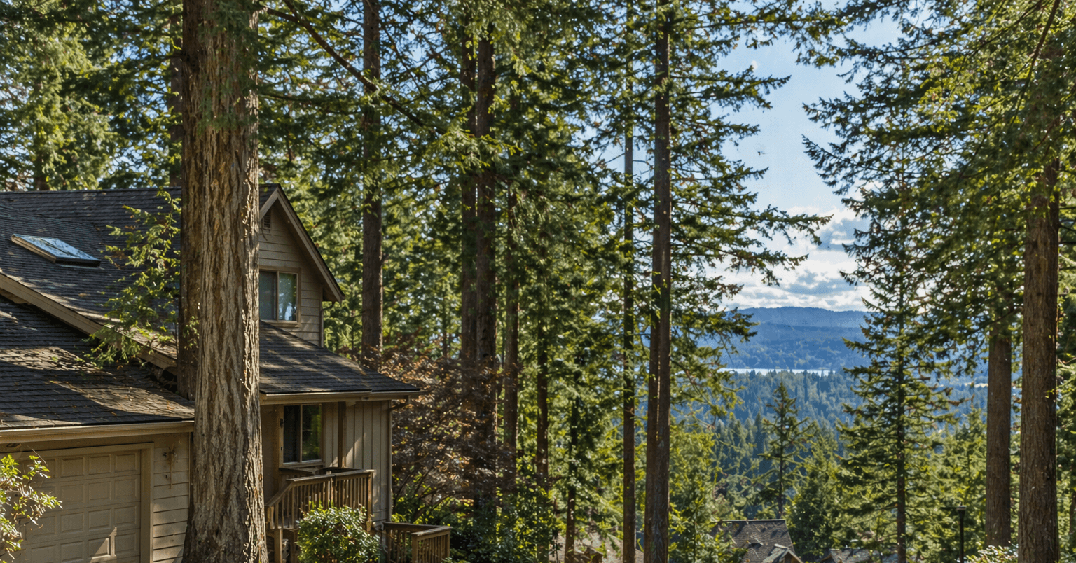 Large evergreen trees surround homes in Sudden Valley near Bellingham.