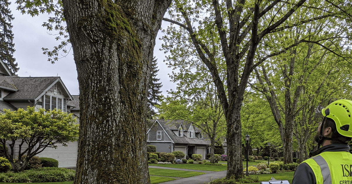 ISA-certified arborist inspecting mature trees in a Bellingham HOA community for commercial risk management and preventive maintenance