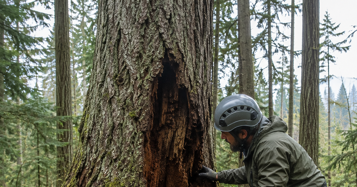 Arborist inspecting a tree with hidden internal decay in the Pacific Northwest