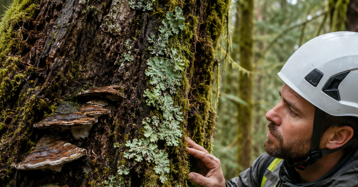Moss, lichen, and shelf fungi growing on a mature tree in Western Washington as an ISA Certified Arborist inspects tree health