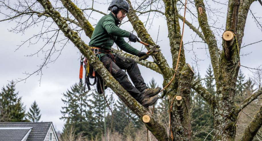 Arborist pruning a mature bigleaf maple during winter dormancy, with bare branches showing the tree's structure and proper pruning cuts.