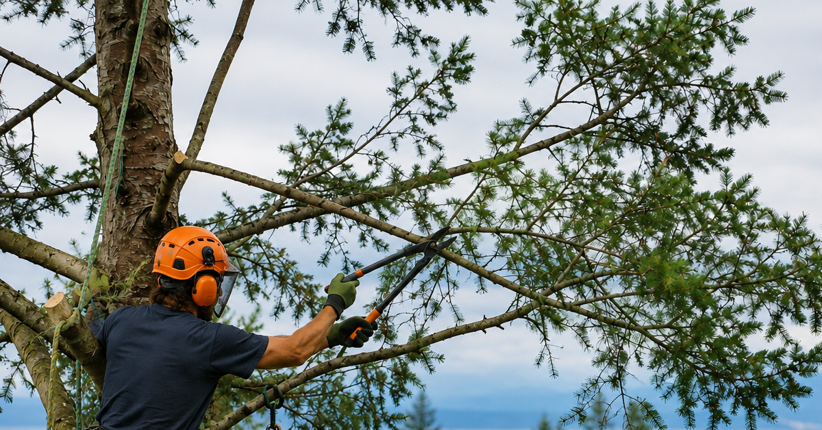 Arborist thinning a tree canopy to reduce wind resistance in Bellingham, WA.