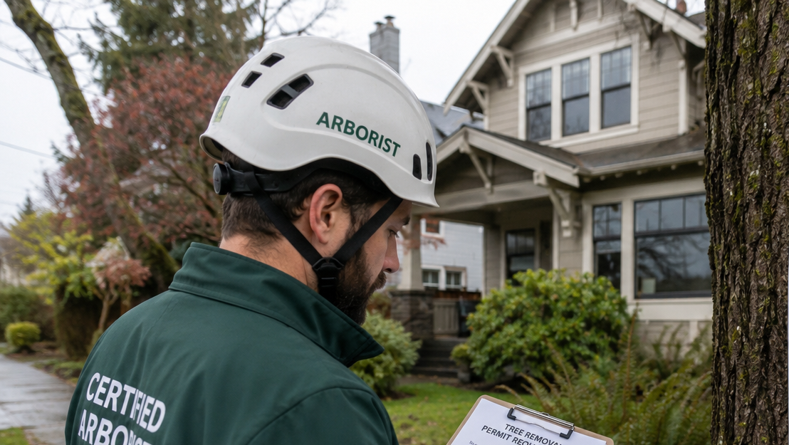 Certified arborist reviewing tree removal permit requirements for a residential property in Bellingham, Washington