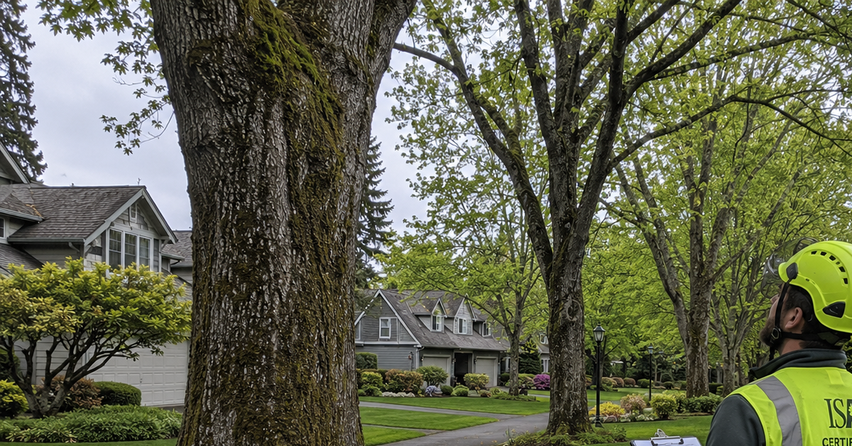 ISA-certified arborist inspecting mature trees in a Bellingham HOA community for commercial risk management and preventive maintenance