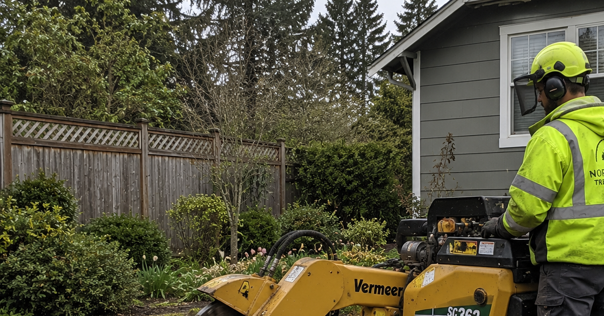 Professional stump grinding machine removing a decaying tree stump on a Mount Vernon Washington residential property