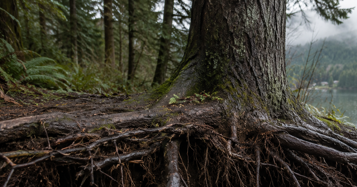 Douglas fir tree roots exposed by erosion in wet soil, Whatcom County near Bellingham, WA