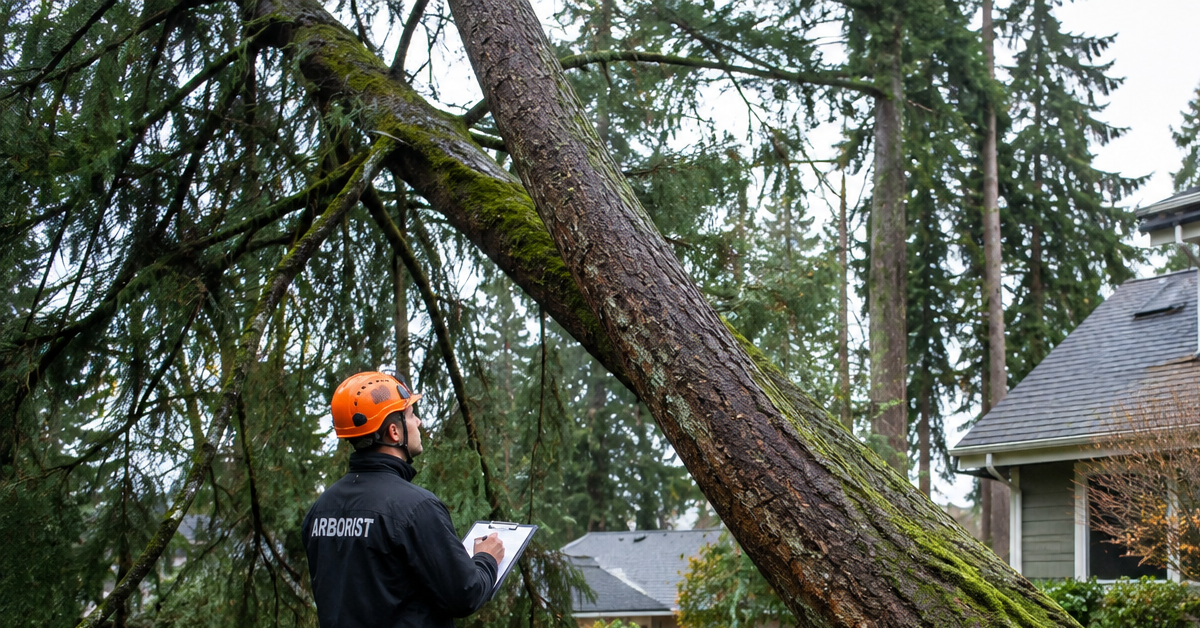 Arborist inspecting a leaning tree near a Bellingham home after a windstorm.