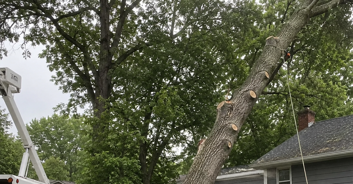 Earthworks Tree Service crew safely removing a hazardous leaning tree near a neighboring home.