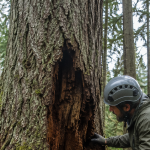 Arborist inspecting a tree with hidden internal decay in the Pacific Northwest