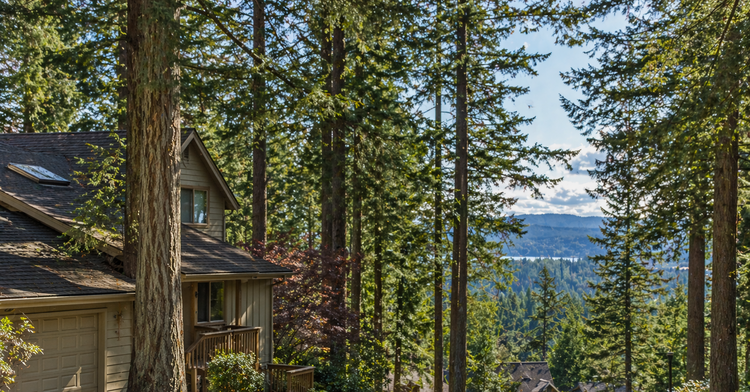 Large evergreen trees surround homes in Sudden Valley near Bellingham.