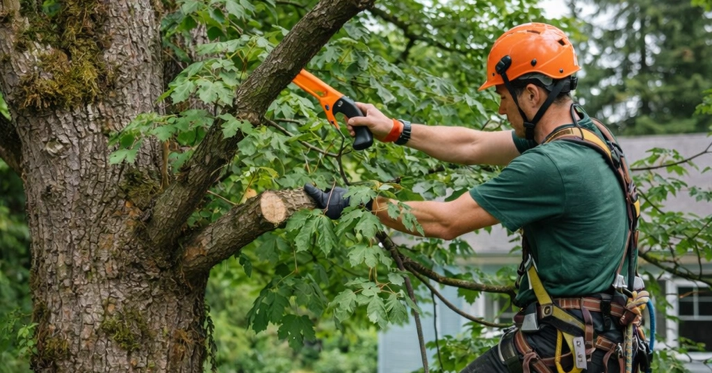 Mature maple tree receiving preventive pruning in Skagit County, Washington.