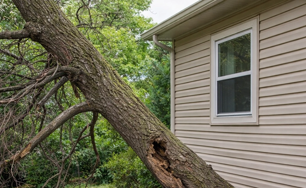Signs a tree needs removal, including a leaning trunk, dead branches, and root damage near a home