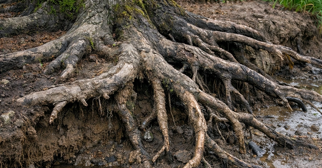 Tree roots are exposed due to poor soil and drainage conditions in Burlington, Washington