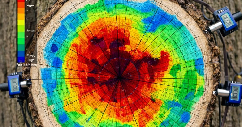 A PiCUS sonic tomography scan of a tree trunk showing internal wood density with a color-coded cross-section map illustrating decay patterns.