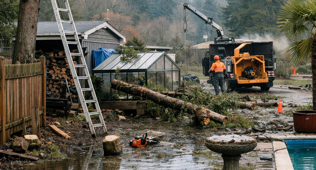 Tree in a low-lying area of La Conner with saturated soil conditions
