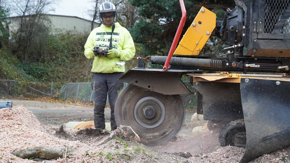 Earthworks crew performing stump grinding in Skagit County yard with specialized equipment